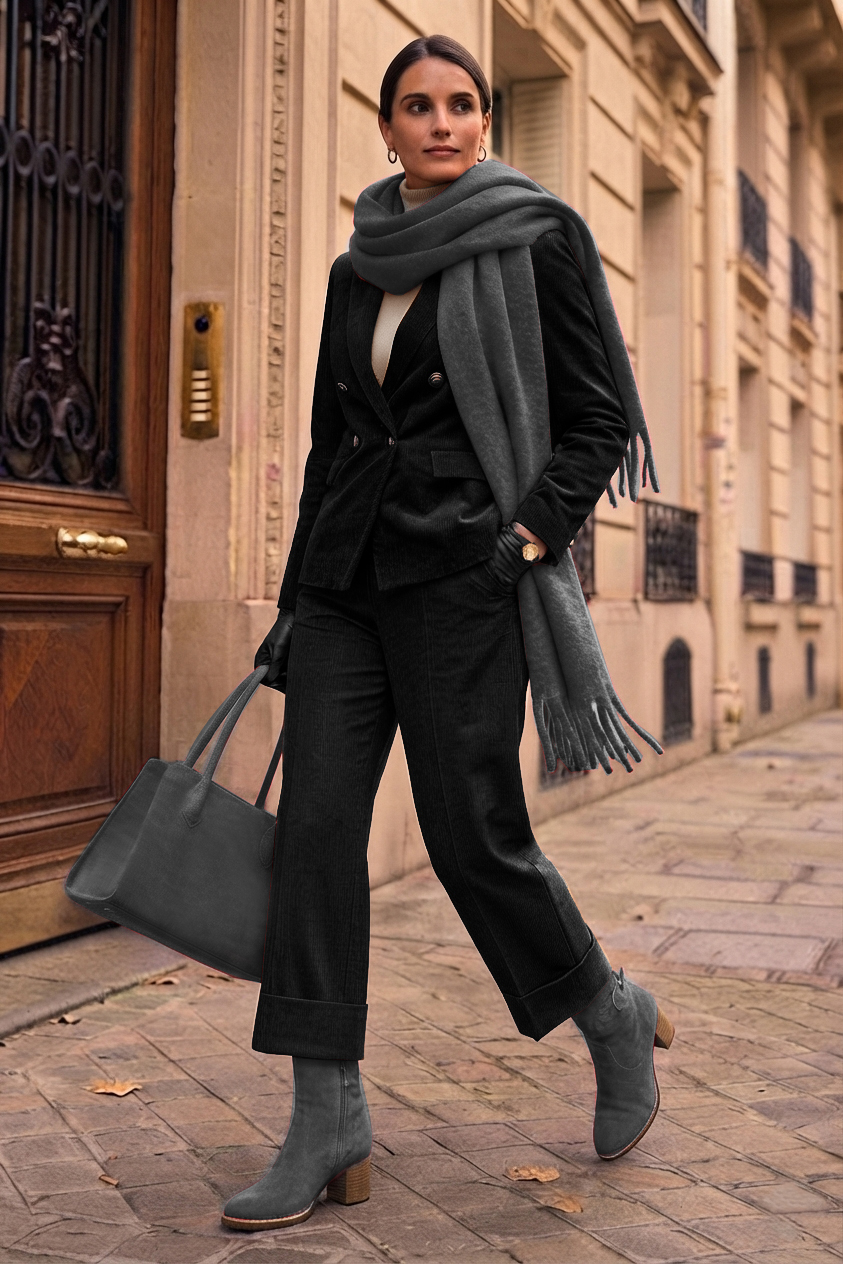 Women's charcoal gray side-buckle ankle boots with round toe and mid block heel - Worn view